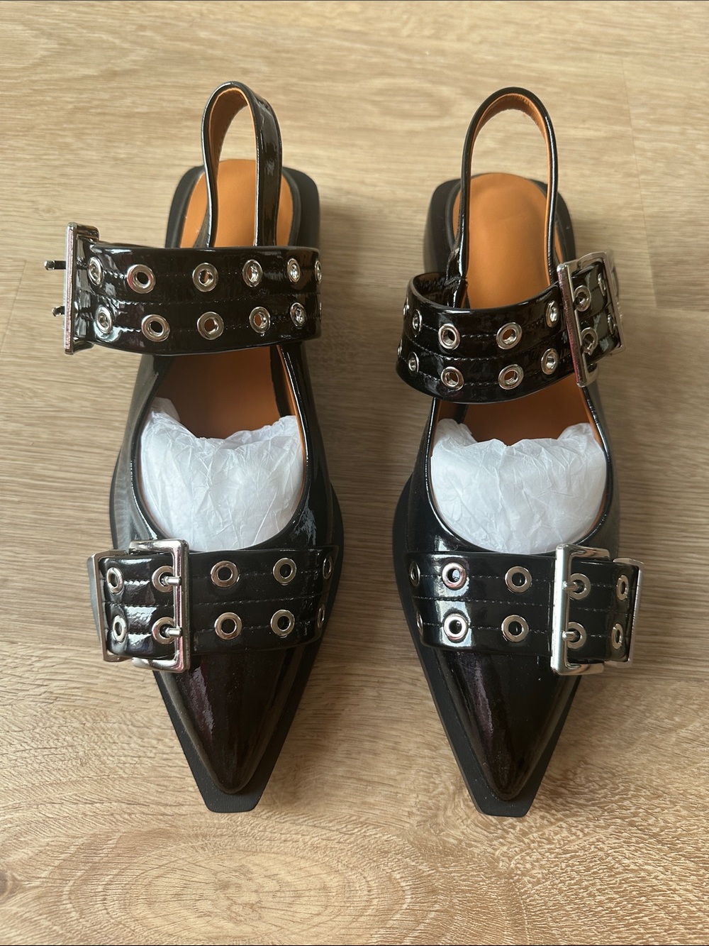 Source Unknown Black Patent Pointed Slingback Mules with Buckle Straps